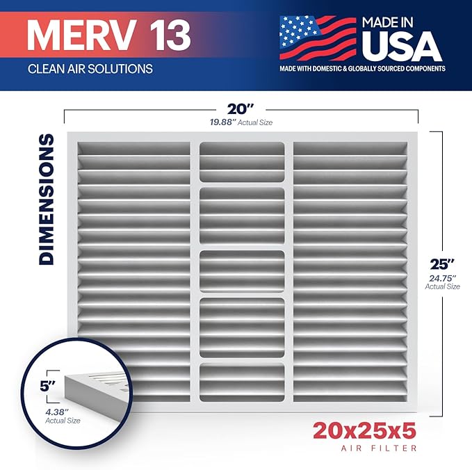 BNX TruFilter 20x25x5 (19.88’’ x 24.75’’ x 4.38‘’ Honeywell Compatible 4”) MERV 13 Air Filter (2-Pack) - MADE IN USA - HVAC AC Furnace Filters Health, Allergies, Mold, Bacteria, Smoke, MPR 1900 FPR 10