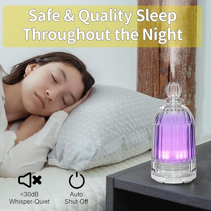 Glass Essential Oil Diffuser, Aroma Diffusers with Glass Cover & Plastic Reservoir Small Humidifiers with 7 Color LED Lights Auto-Off for Home Office Bedroom Yoga 120ml(White Bottom)