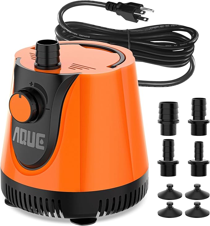 AQUE 360° All-round Water Intake Submersible Pump. It is suitable for fish tanks, ponds, aquariums and hydroponic systems. It comes with a 6-foot power cord and 4 nozzles. (100W)