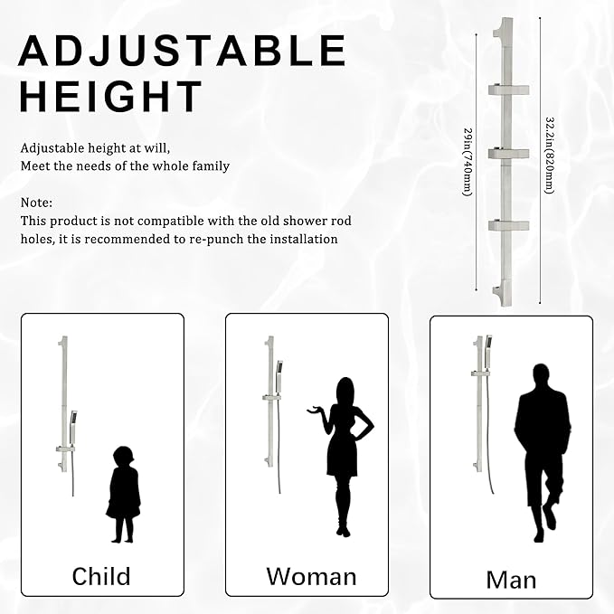 BElYl Shower Head with Slide Bar Brushed Nickel High Pressure Hand shower with Square 29" Long Slide Bar Adjustable Height Shower Head with Handheld Spray