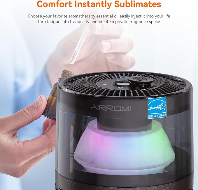 AIRROMI Air Purifiers for Bedroom Home,Up to 658 Ft²,Activated Carbon Filter Cleaner,With Fragrance Sponge for Better Sleep,Night Light,Pet Dander,Allergies,Smoke,Odor,Desktop Air Cleaner A2002 Brown