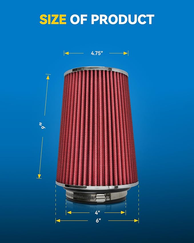 PHILTOP Universal Clamp-On Air Intake Filter, High Performance, Premium, Washable, Replacement Air Filter: High Flow 4 inch 102 mm Inlet Truck Cold Air Intake Air Filter (8" Tall)