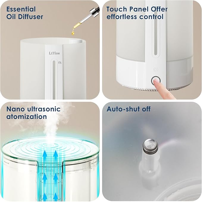 Colorful Top Fill Humidifiers for Office, Bedroom,etc. Essential Oil Diffuser 2.5L Tank,Touch Button, Easy to Fill & Clean, Colorful night light, Auto Shut-Off, 3 Mist Modes, Super Quiet, 16H.