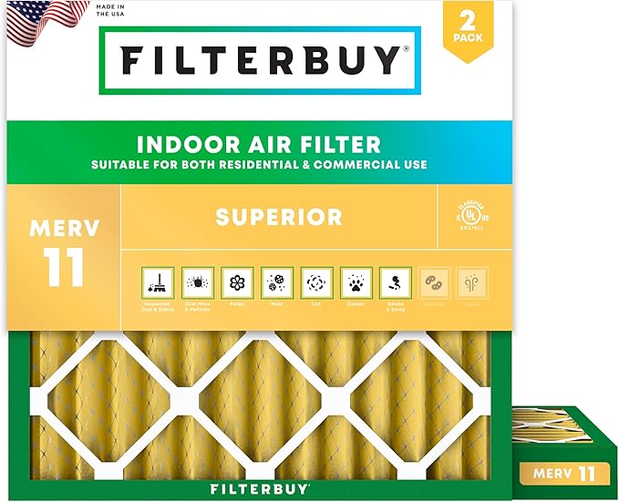 Filterbuy 18x18x2 Air Filter MERV 11 (MPR 1200) Allergen Defense Replacement (2-Pack), Electrostatic Pleated HVAC AC Furnace Filters, Made in USA (Actual Size: 17.75 x 17.75 x 1.75)