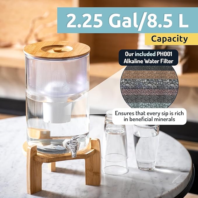 pH Recharge Glass Alkaline Water Filter Dispenser - Countertop Water Filter System - Purifier Pitcher for Home and Office - High pH Pure Drinking Water Filtration - 8.5L/2.25 Gal