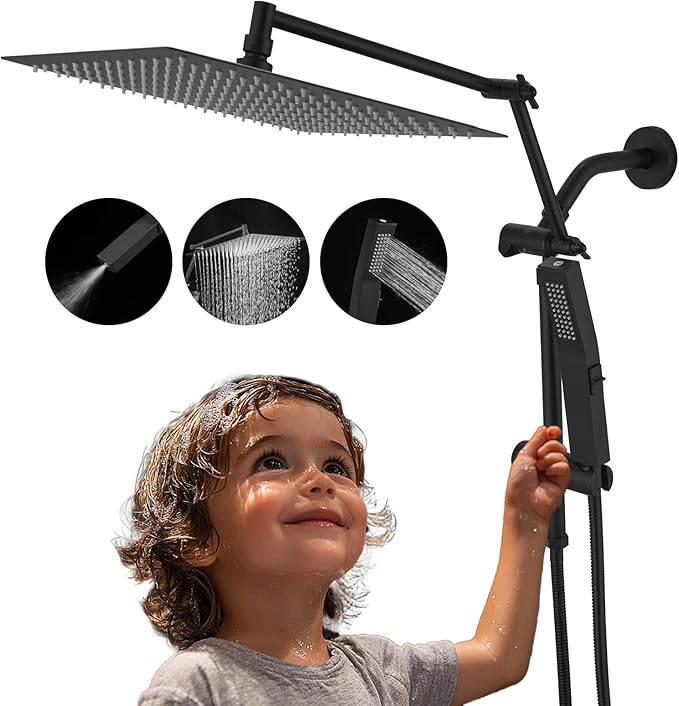 All Metal 10 Inch Rain Shower Head with Handheld Spray Combo, High Pressure Waterfall Rainfall Square Shower Heads with 16" Adjustable Extension Arm, Dual Showerhead with 3-Way Diverter, Matte Black