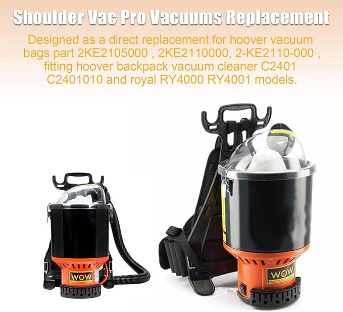Aillsa Replacement for Hoover Vacuum HEPA Cloth Bag Liner and Filter Compatible with Hoover Part 2KE2105000 2KE2110000 2-KE2110-000 Fits Hoover Backpack Vacuum Cleaner C2401 & Royal RY4000 RY4001