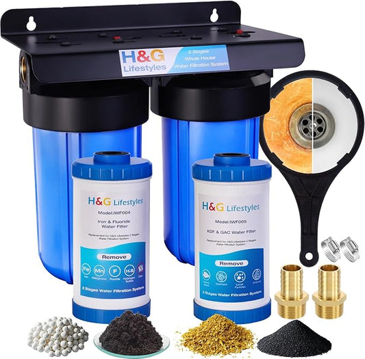 H&G Lifestyles Whole House Water Filter System,Iron Filter for Well Water,2 Stage Water Filtration System, Reduce Fluoride Chlorine Odor Heavy Metal Lead, 4.5x10 Cartridge,1" Barb Cooper Fittings