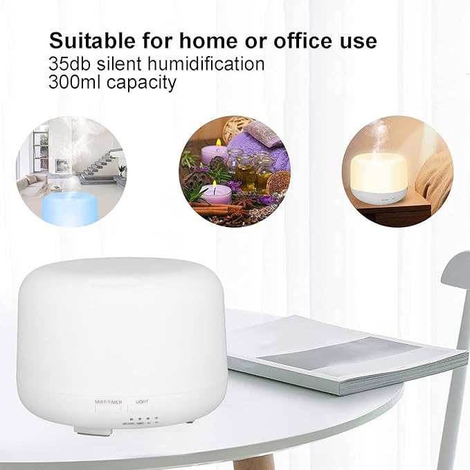 Essential Oil Diffuser Humidifier 300ml with 7 Color LED Lights, USB-Powered, Auto Shut-Off, 35dB Quiet, for Home Office Aromatherapy Air Moisturizing