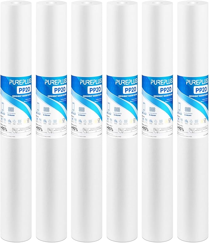 PUREPLUS 5 Micron 20" x 2.5" Whole House Sediment Home Water Filter, 20-inch Sediment Pre-Filtration, Replacement Cartridge Aqua Pure AP110-2C, Pentek P1-20/SP-P1-20/PX01-20, Watts FPMB5-20, 6Pack