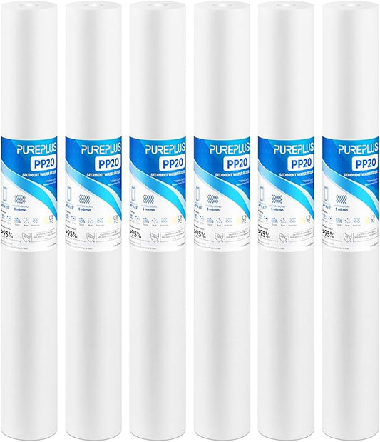 PUREPLUS 5 Micron 20" x 2.5" Whole House Sediment Home Water Filter, 20-inch Sediment Pre-Filtration, Replacement Cartridge Aqua Pure AP110-2C, Pentek P1-20/SP-P1-20/PX01-20, Watts FPMB5-20, 6Pack