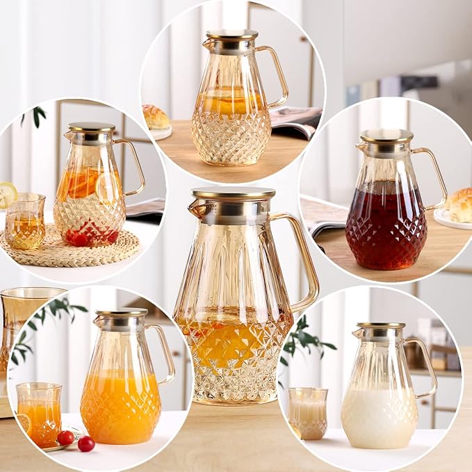 Glass Pitcher With Lid, Amber Color, Diamond Pattern, Borosilicate Glass, Stainless Steel Lid, Glass Kettle for Tea, Milk, Hot and Iced Beverages, 2000ml, 68oz, WONCRYS