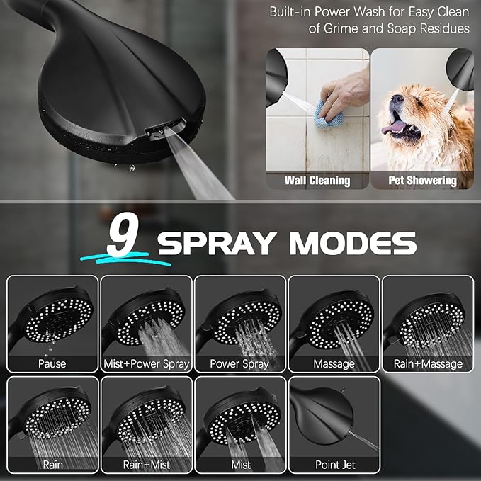 Shower Head 12'' High Pressure Rain Shower Head Combo, Filtered Handheld with 10 Water Spray, 3-Way Diverter Extension Arm Rainfall Showerhead, Adjustable Shower head with Anti-Clog Nozzles