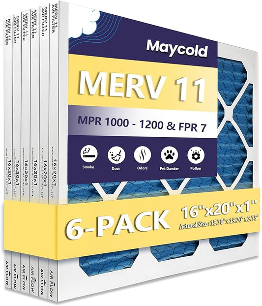 Maycold 16x20x1 MERV 11 Air Filters (6-Pack), Pleated HVAC Furnace Filter for Home – Traps Fine Dust & Pet Hair, Actual Size 15.70 x 19.70 x 0.75, Individually Wrapped