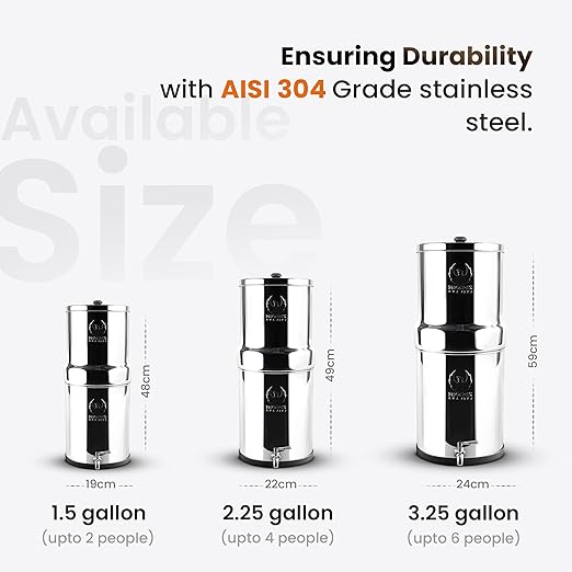 2.25 Gallon Water Filter AISI 304 Stainless Steel Gravity Fed Water Filter System, NSF Certified 2 Smart Carbon Filter Elements, Free Stainless Steel Water Spigot & Teak Wood Stand