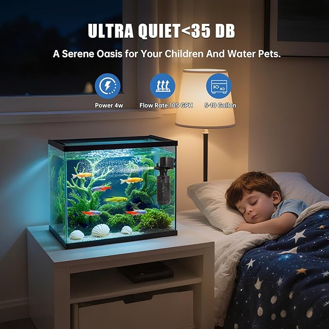 Aquarium Filter for 5-10 Gallon Tank – Ultra Quiet Submersible Filter Pump, 4W Energy Efficient, Adjustable Flow, Easy to Install, for Freshwater Fish and Small Aquariums
