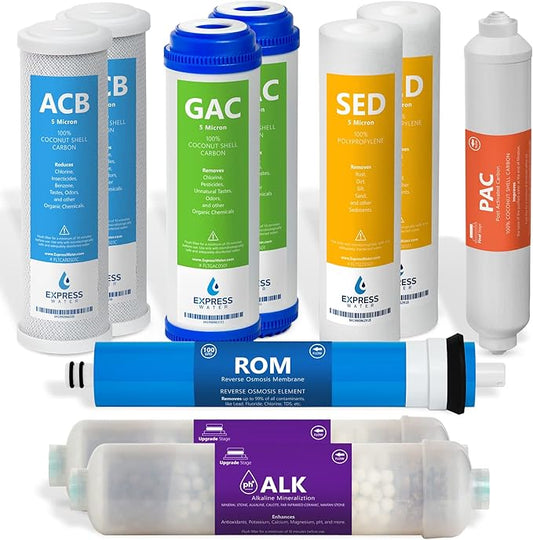 Express Water FLTSETALK1010 1 Year Alkaline Reverse Osmosis System Replacement Set – 10 100 GPD RO Membrane – 10 inch Size Water Filters, Count (Pack of 1), Blue, Green, Yellow, Pink, Purple, White