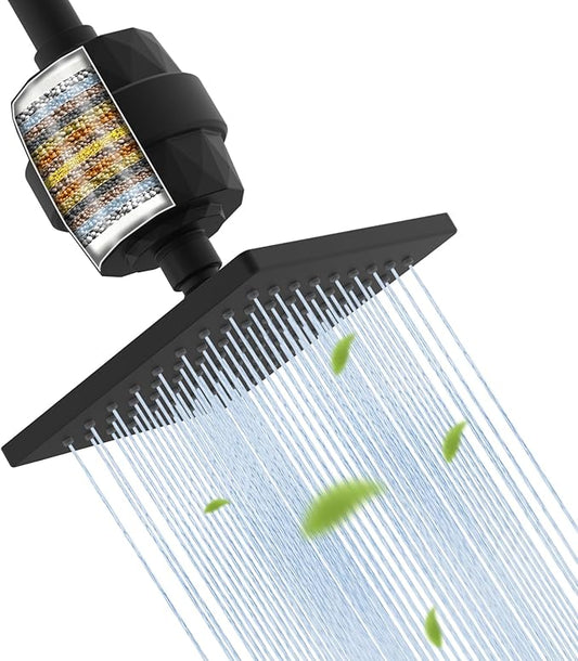 Hibbent Metal Filtered Shower Head, 6'' High Pressure RainShower Head, 20 Stage Shower Filter for Hard Water Softener, Bathroom Rainfall Shower Head to Remove Chlorine and Heavy Metals, Matte Black