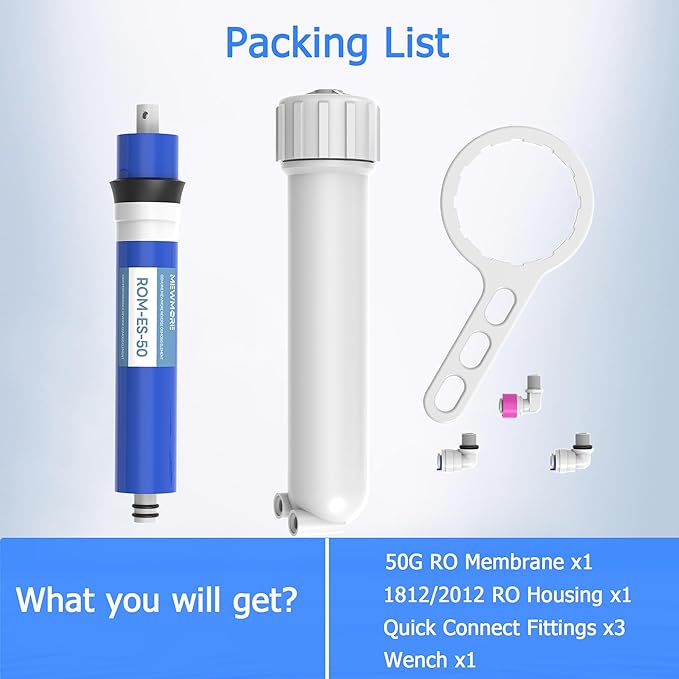 50 GPD RO Membrane Filter with Housing, Replacement Reverse Osmosis Membrane Fit Home Under Sink RO Drinking Water Filter Purifier Filtration System with Wrench, 1/4" Fitting, Check Valve
