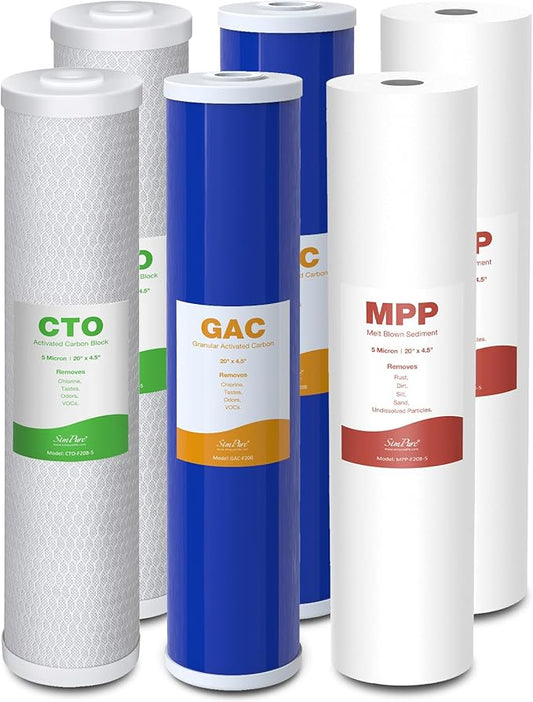 SimPure 3-Stage 20" x 4.5" Whole House Water Filter Cartridge Replacement, 5 Micron Sediment GAC CTO Carbon Filter for DB20P, DGD-5005-20, EP20-BB (2 Sets)