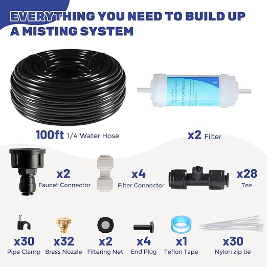 100FT Mister for Outside Patio Misting Cooling System, 100FT (30M) Misting Line+32 Brass Mist Nozzles+Water Filter, Outdoor Mister System for Garden Greenhouse Trampoline Waterparke