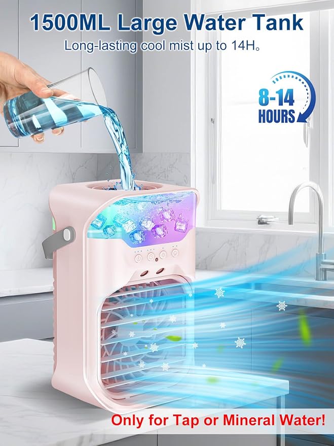Portable Air Conditioner, 1500ML, Removable & Washable Fan Blades, Timer Function, 4 Speeds, 2 Cool Mists, 7-Color Light, Personal Evaporative Air Cooler for Home, Office, Bedroom, and Camping-Pink