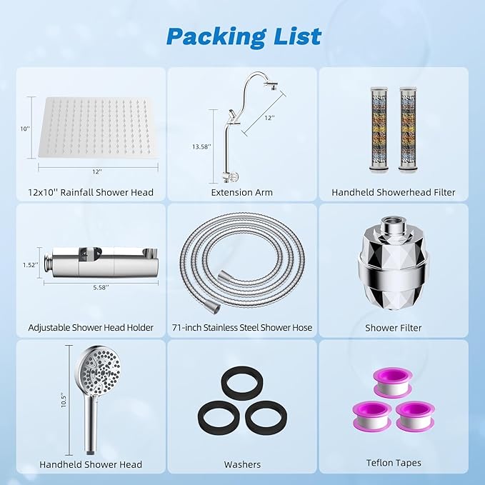 Hibbent Dual Filter All Metal 12" Rainfall Showerhead Combo, High Pressure Filter Shower Head with 10-Spray Mode Handheld, 4-way Diverter with Pause Mode, 71'' Shower Hose and Holder, Chrome