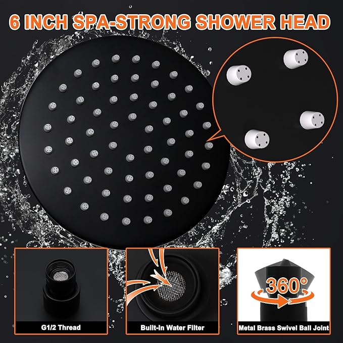6 Inch Round Rainfall Shower Head with Stainless Steel Arm High Pressure Water Saving Anti-Clog Nozzles Easy Install for Bathroom/Bathtub (Round, Black)