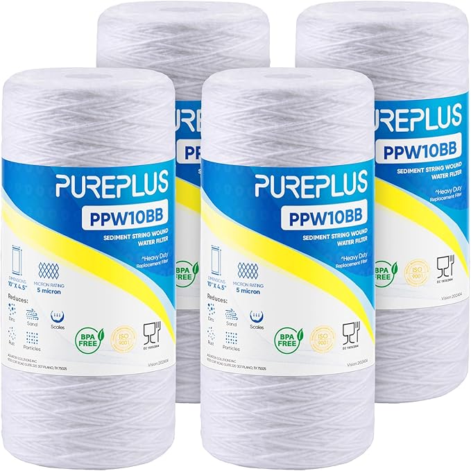 PUREPLUS 5 Micron 10 x 4.5 Whole House String Wound Sediment Filter for Well Water, Replacement Cartridge for 84637, WPX5BB97P, PC10, 355214-45, 355215-45, WP10BB97P, WP5BB97P, 4Pack