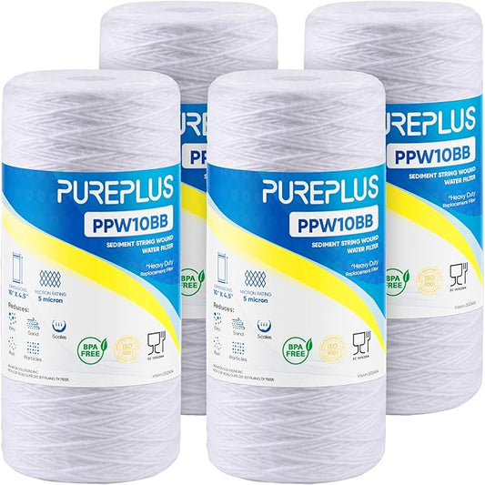 PUREPLUS 5 Micron 10 x 4.5 Whole House String Wound Sediment Filter for Well Water, Replacement Cartridge for 84637, WPX5BB97P, PC10, 355214-45, 355215-45, WP10BB97P, WP5BB97P, 4Pack