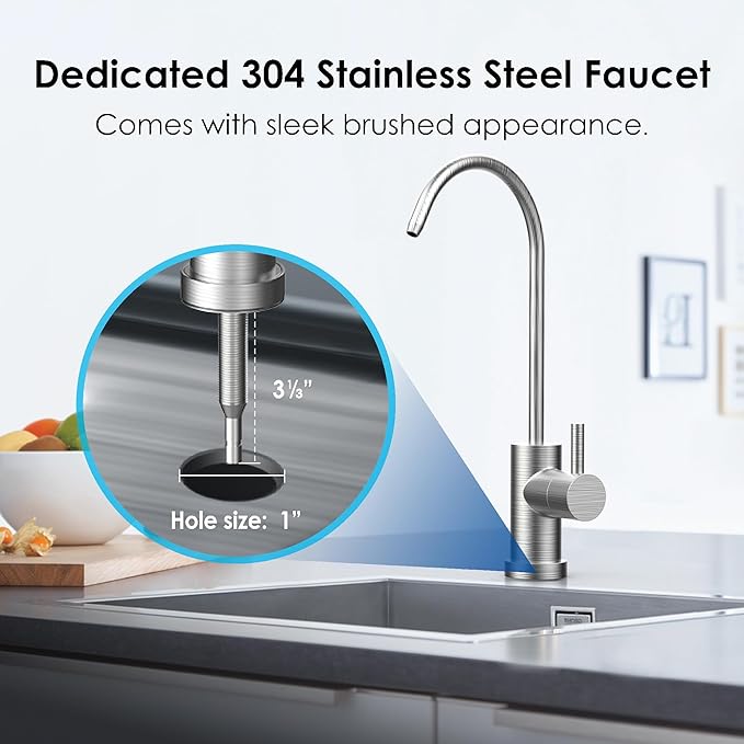 Waterdrop BS08 Under Sink Water Filter, 1 Year Lifetime Stainless Steel Water Filter System, Reduces Chlorine, Lead, Heavy Metals, Bad Taste& Odor (1 Filter & 1 Brushed Nickel Faucet Included)