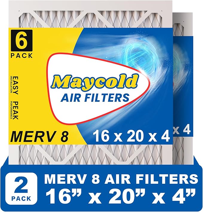Maycold MERV 8 16x20x4 Furnace Air Filters (2-Pack), Pleated HVAC AC Filters – Actual Size 15.88” x 19.88” x 4.31”, For Residential or Office Use, Individually Wrapped in Plastic