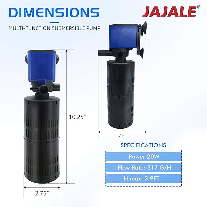 320 GPH Internal Filter Submersible Pump - 3 in 1 Aquarium Fish Tank Pump with Oxygenation, Filtration & Water Cycling, 3.9 ft max lift, 20W