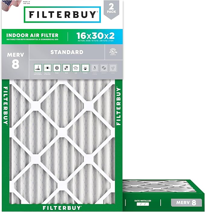 Filterbuy 16x30x2 Air Filter MERV 8 (MPR 700) Dust Defense Replacement (2-Pack), Electrostatic Pleated HVAC AC Furnace Filters, Made in USA (Actual Size: 15.69 x 29.69 x 1.75)