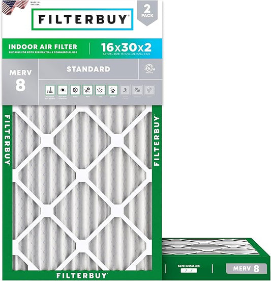 Filterbuy 16x30x2 Air Filter MERV 8 (MPR 700) Dust Defense Replacement (2-Pack), Electrostatic Pleated HVAC AC Furnace Filters, Made in USA (Actual Size: 15.69 x 29.69 x 1.75)