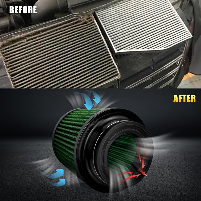 RULLINE 76mm 89mm 102mm Air Filter 3" 3.5" 4" Cold Air Intake Universal Clamp-On Air Filter Three Different Size High Flow Round Tapered Cone Cool Cleaner Green