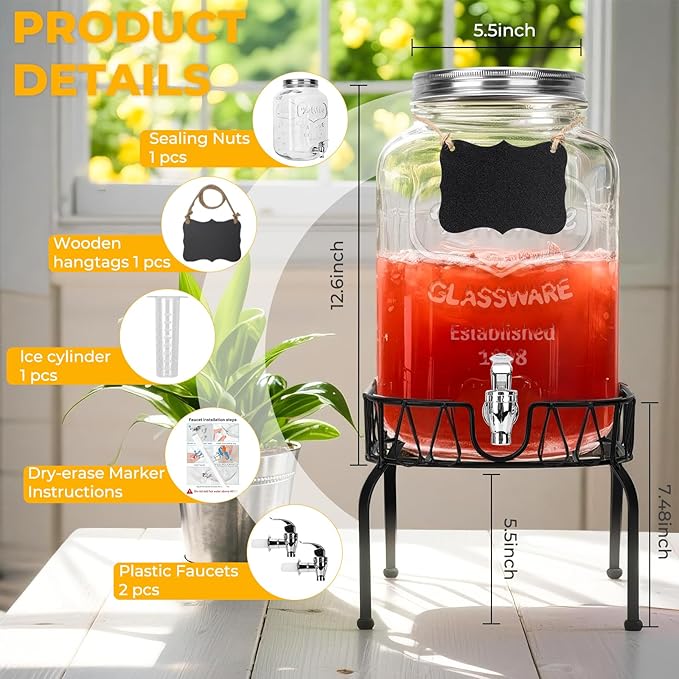 Glass Beverage Dispenser with Stand and Lid, One Pack-2 Gallon with Spigot - Glass Drink Dispensers for Parties, Wedding, Ideal for Juice, Beer, Ice Tea