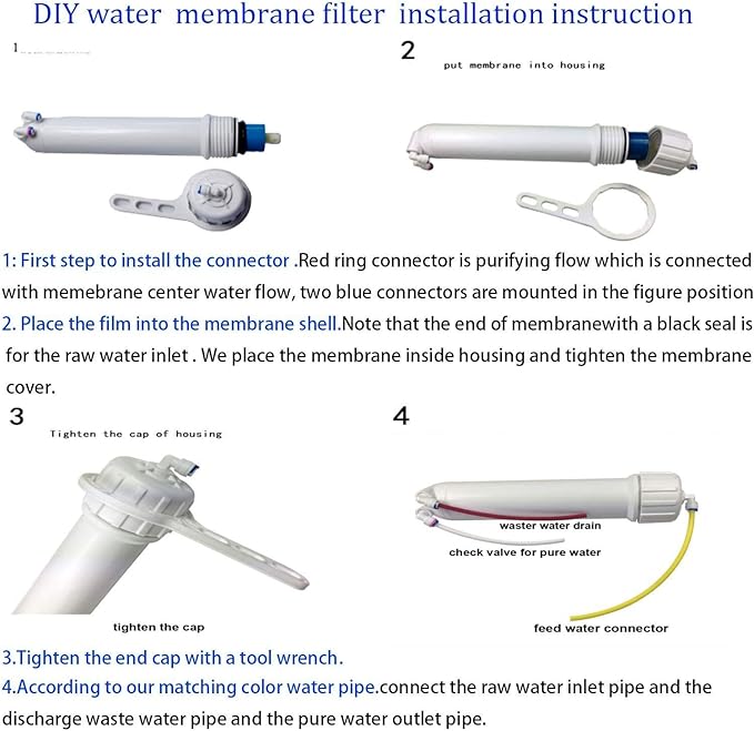 Huining Reverse Osmosis Membrane 100GPD-1812/2012 RO Membrane Housing Kit with 1/4 Quick Connector,Check Valve,Water Pipe,Wrench Whole Set for Residential Household Hospital Water Filtration System