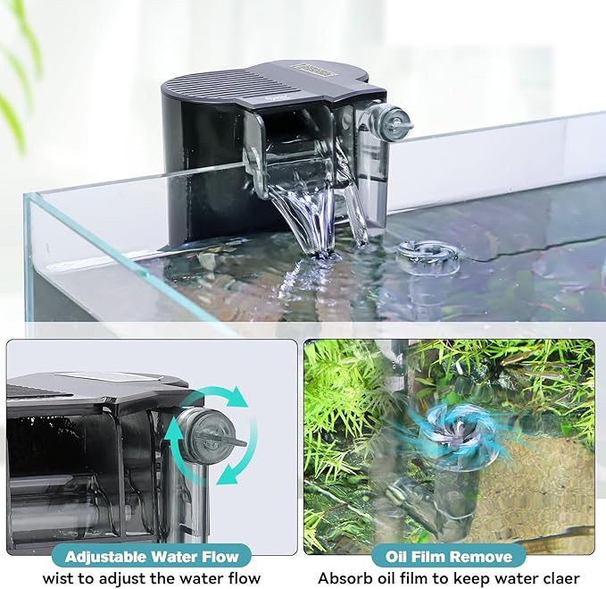 hygger Hang On Back Aquarium Filter, Small Fish Tank Filter Waterfall Filtration System, Adjustable Water Flow with Surface Skimmer, Replaceable Sponge Quiet Hanging Filter for Tank Up to 5 Gal
