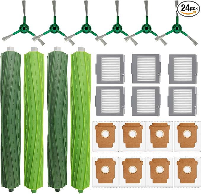24 Pcs Replacement Parts for iRobot Plus 504 Vac, for iRobot Max 705 Vac Robot Vacuum Accessories Kit, 2 Set Rubber Brush, 6 Side Brush, 6 HEPA Filters, 8 Dust Bags