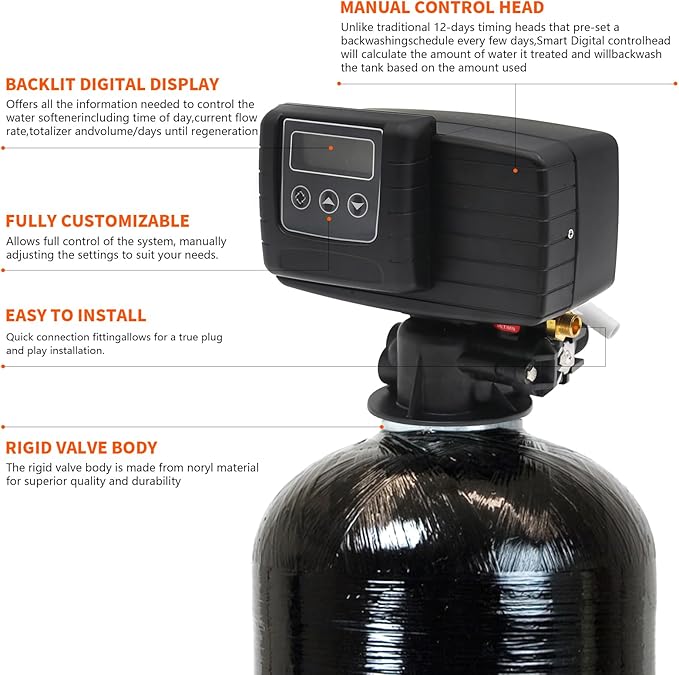 Whole House Water Softener Valve 48,000 Grains - High Performance Automatic Digital Metered Control Head,Reduces Hardness & Minerals - Improve Water Quality - for 1-2 bathrooms
