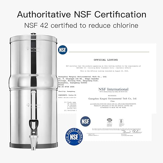 Gravity-Fed Water Filter System, NSF/ANSI 42&372 Standard, 2.25G Stainless-Steel Countertop System with 2 Black Elements, 2 Fluoride, Metal Water Level Spigot, Reduces Fluoride and Chlorine