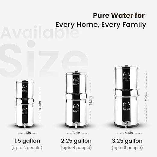 1.5 Gallons AISI 304 Stainless Steel Gravity Water Filter System, NSF Certified 2 Smart Carbon Filter Elements, Free Stainless Steel Water Spigot & Teak Wood Stand | No Plumbing or Electricity Needed