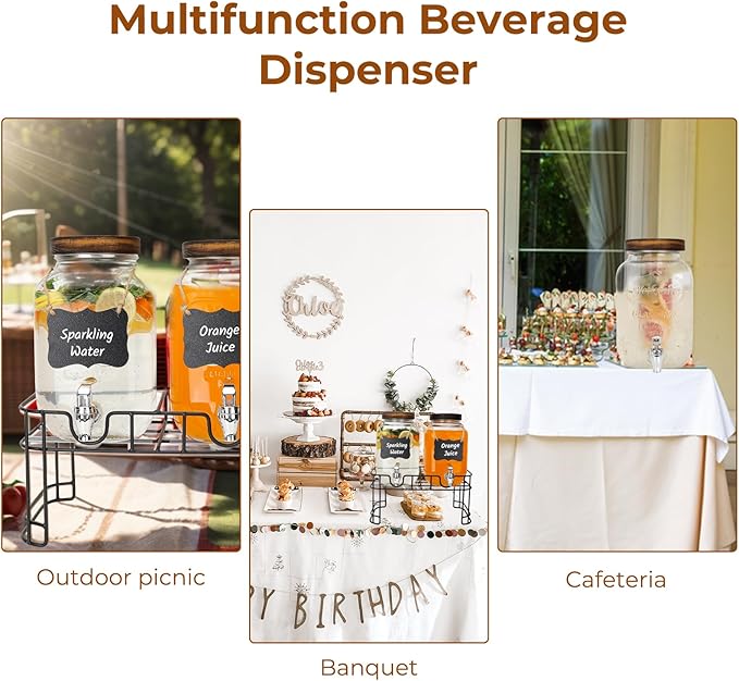 1 Gallon Glass Drink Dispensers with Wood Lid, 2 Pack Clear Beverage Dispenser with Stand and Spigot for Parties, Lemonade Dispenser with Markers and Chalkboard for BBQ, Picnic