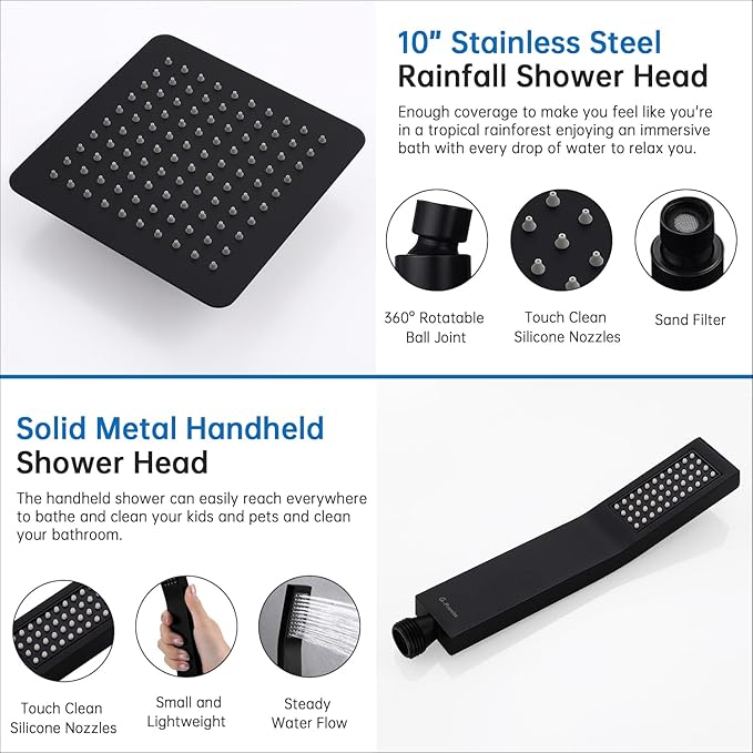G-Promise All Metal 10 Inches Rainfall Shower Head with Handheld Spray Combo, 3 Settings Diverter, Adjustable Extension Arm with Lock Joints, 71 Inches Stainless Steel Hose (Matte Black)