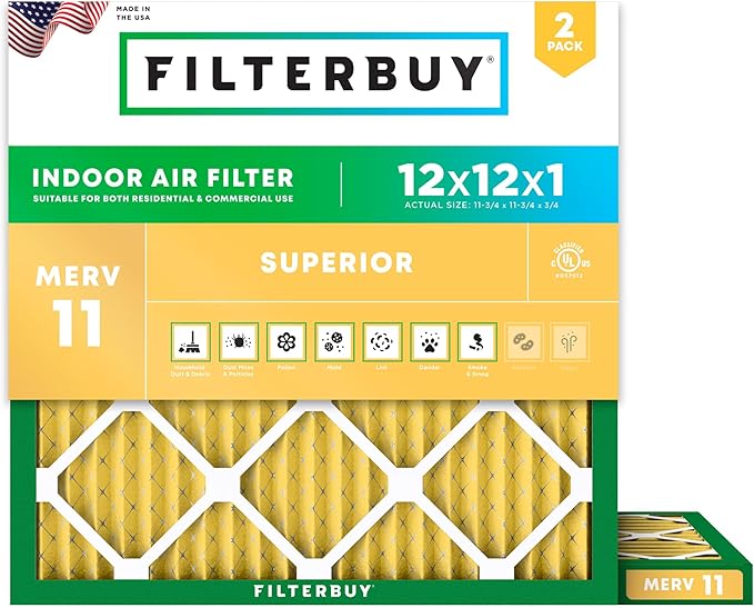 Filterbuy 12x12x1 Air Filter MERV 11 (MPR 1200) Allergen Defense Replacement (2-Pack), Electrostatic Pleated HVAC AC Furnace Filters, Made in USA (Actual Size: 11.75 x 11.75 x 0.75)