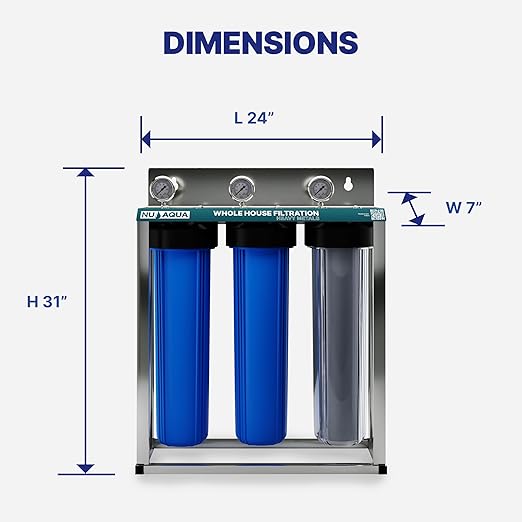 Nu Aqua 3 Stage Heavy Metal Whole House Water Filter System - 20” x 4.5” TDS Reducing Home Filtration - Sediment, KDF Granular Carbon, Carbon Block