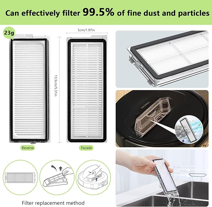 Yivy Accessories Kit Compatible with Roborock Qrevo Pro/MaxV/S/Plus Robotic Vacuum Cleaner, 2 Main Brush Rollers, 6 Black Side Brushes, 4 HEPA Filters, 8 Mop Pads, 6 Dust Bags (Black-29)