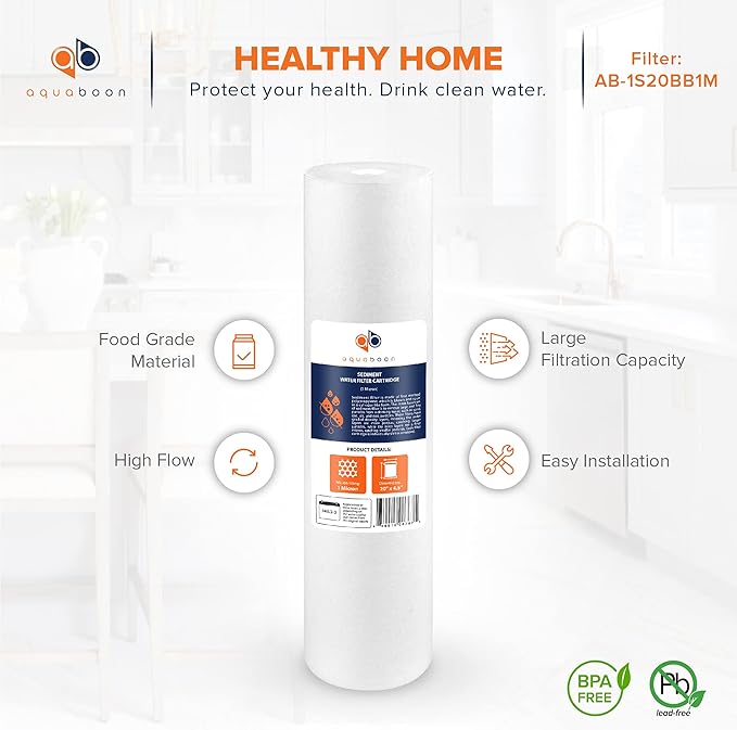 Aquaboon 1 Micron 20" Sediment Water Filter Replacement Cartridge | Whole House Sediment Filtration | Compatible with AP810-2, SDC-45-2005, FPMB5-20, P5-20, FP25B, 155358-43, 6 Pack