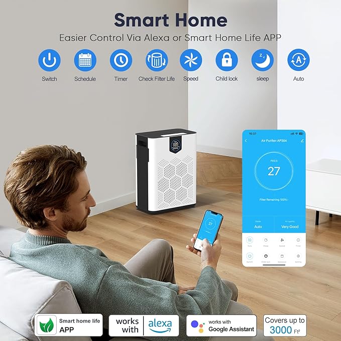 Smart Wifi Air Purifiers for Home Large Room Up to 3000 Ft², DAYETTE Air Cleaner with Washable Filters, Air Quality Monitor, 4 Fan & 22 dB Sleep Mode for Bedroom Living Room